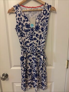 Boden Blue and White Floral Tie-Waist  Dress with pockets!